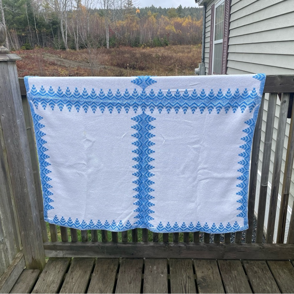 Vintage Blue White Geometric Embroidered Tablecloth Nordic Folk Art Style #612